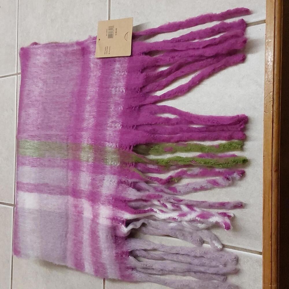 Just Cozy scarf, multi purple green and white 16" x 88"
